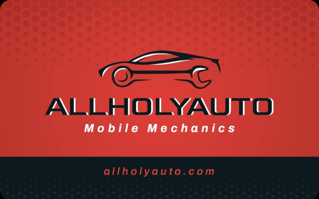 ALLHOLYAUTO Mobile Mechanics business card with car and wrench logo